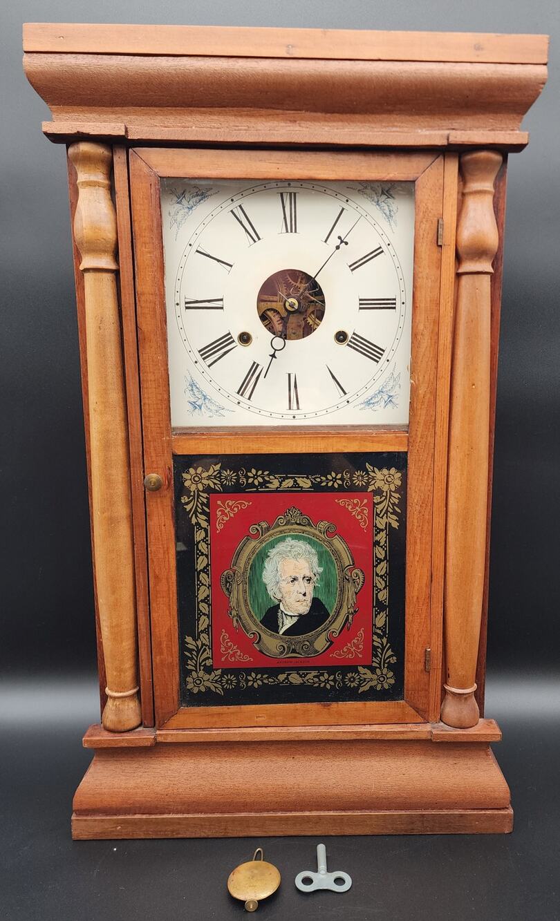 Antique Seth Thomas OG Clock w/ Andrew Jackson Glass, Key & Pendulum